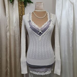 ♡ Y2K ♡ Abercrombie & Fitch Cream Cableknit Button Down Babydoll Henley Sweater